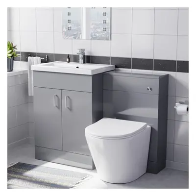 Nes Home 1100mm Grey Basin Vanity Cabinet, WC Unit & Round Back To Wall Toilet