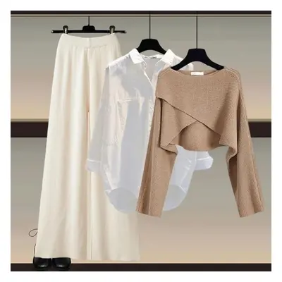 (coffee,apricot, XL) Autumn And Winter Women's Knitted Sweater Three Piece Pants Loose Blouse Sh