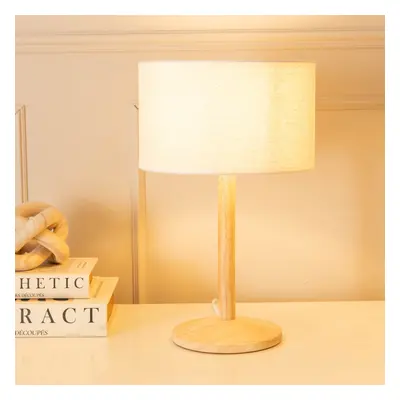 ValueLights Triston Linen White Trim Shade Wooden Table Lamp & Bulb