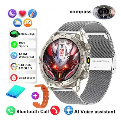 (silver, Mesh steel + silicone) New Outdoor Military Gps Smart Watch Men Amoled Hd Screen Heart 