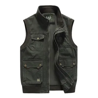 (green, L) Plus Size Men&apos;s Vest Casual Jacket Spring And Autumn Loose Style Cotton Multi-po