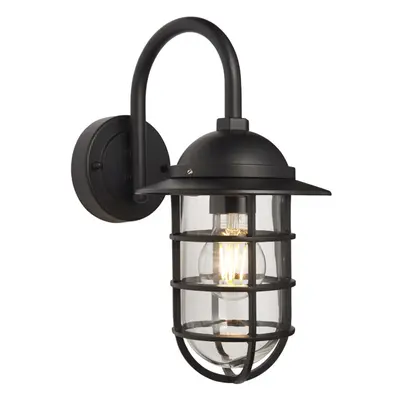 Non Automatic Caged Outdoor Wall Light - Textured Black & Glass Shade IP44 Rated