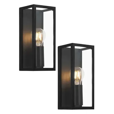 2 PACK Wall Light Colour Black Shade Clear Glass Metal Box Frame Bulb E27 1x60W