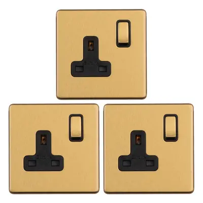 3 PACK Gang DP 13A Switched UK Plug Socket SCREWLESS SATIN BRASS Wall Power