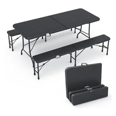 VOUNOT Folding Table Bench Set Trestle Portable Party Picnic BBQ Camping Set, Black