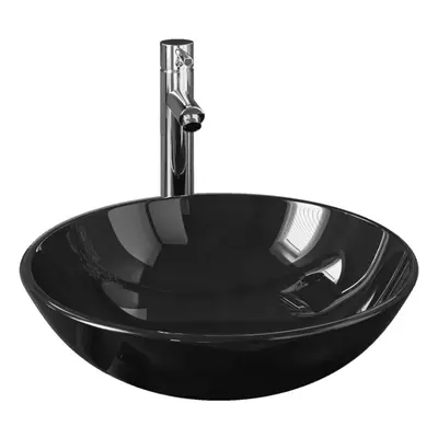 vidaXL Bathroom Sink with Tap and Push Drain Black Tempered Glass Wash Basin