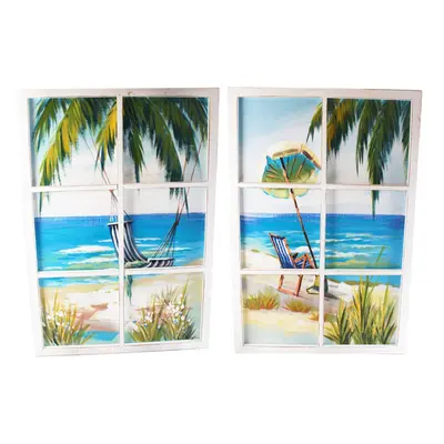 6 Pane Window Art Wooden Framed Palm Tree Hammock Parasol Beach Scene Wall Print 90cm x 60cm ~ D