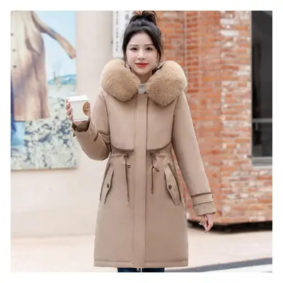 (khaki, 2XL) Plus Size M-6xl Winter Women&apos;s Cold Coat Hooded With Faux Fur Collar Liner Det