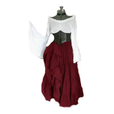 (wine red, XL) Renaissance Classic Women Vintage Retro Vogue Flare Sleeve Pirate Gypsy Dress Che