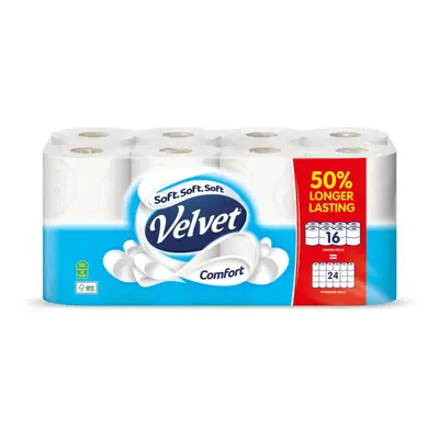 Velvet Comfort 50% Longer Lasting Toilet Tissue Equals Regular Rolls