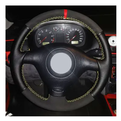 (Blue Thread) Black Suede Leather Car Steering Wheel Cover for Volkswagen VW Golf