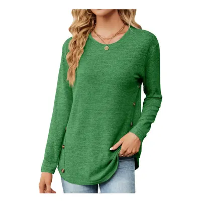 (S, green) New Round Neck Solid Color Button Long Sleeve Loose T-shirt Tops for Women