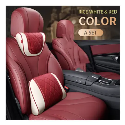 (Beige Red-A Set) Car Leather Headrest Memory Foam Car Rest Pillow Back Cushion Auto Seat