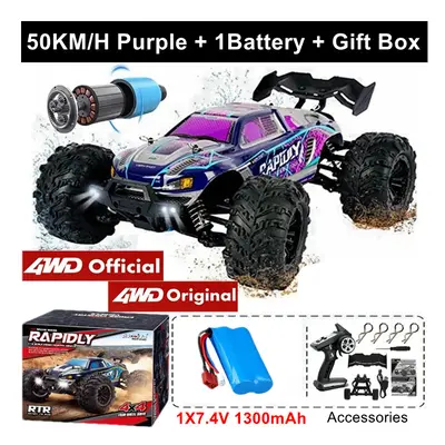 (50KM Purple 1Battery) 4WD 1:16 Super Brushless Brushed RC Car 4x4 Off Road Remote Control High 