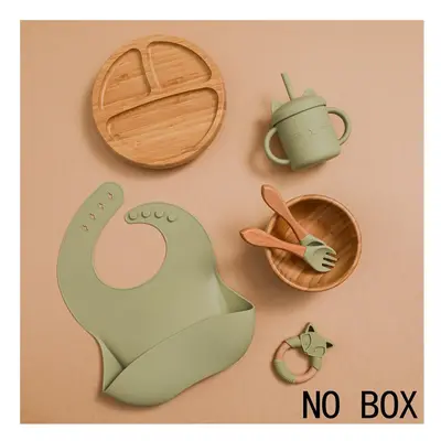 (7pcs Green set-01) Wooden Dinner Plate Feeding Supplies Bamboo Baby Tableware Silicone Suction 