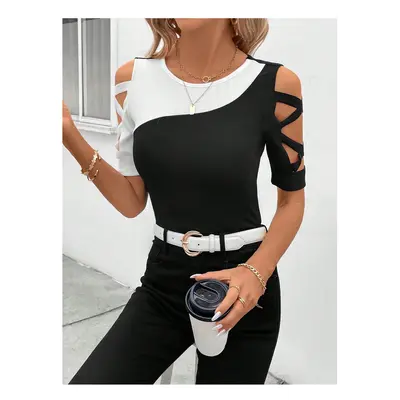 (WHITE, M) Women's Fashion Blouses T-shirt Summer New Color Block Cross Off Shoulder Slim Short 