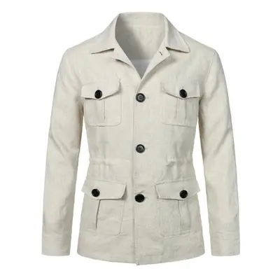 (white, 2XL) Mens Coats Safari Jacket Linen British Retro Gentry Suit Pockets Outerwear Fashion 