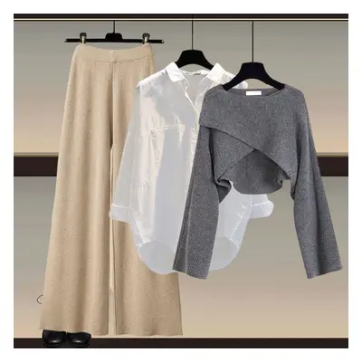 (grey,khaki, XL) Autumn And Winter Women's Knitted Sweater Three Piece Pants Loose Blouse Shirt 