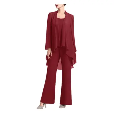 (burgundy, 2XL) Womens Pieces Chiffon Mother Of The Bride Pants Suits For Wedding Guest Formal E