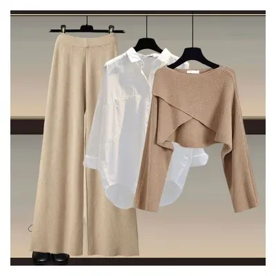 (coffee,khaki, L) Autumn And Winter Women&apos;s Knitted Sweater Three Piece Pants Loose Blouse 