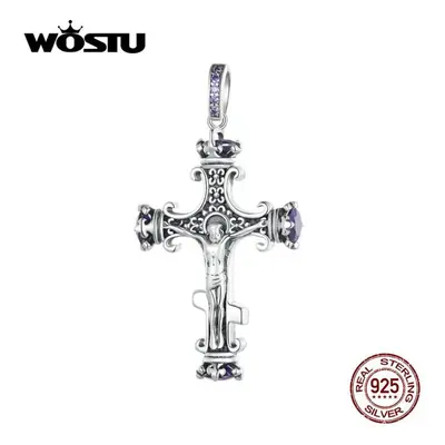 (925 silver) Wostu Sterling Silver Vintage Pattern Cross Pendant Necklace Crucifix Charms Fit Wo