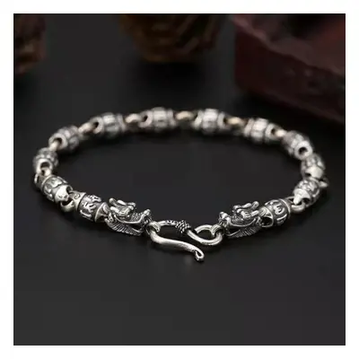 (as the picture, 22cm) Lucky Six -character Mantra Beaded Head Dragon Silver Bracelet For Men Re