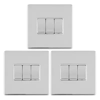 3 PACK Gang Triple Light Switch SCREWLESS POLISHED CHROME Way 10A Rocker