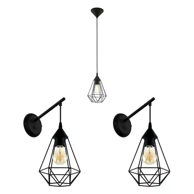 Ceiling Pendant Light & 2x Matching Wall Lights Black Geometric Wire Cage Lamp