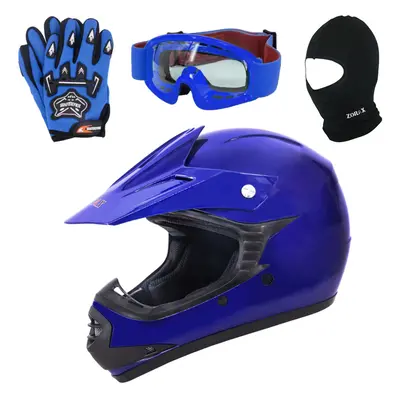 (Blue, L) Zorax X15 Junior Child Kids Motorbike Motocross MX Helmet + Goggles + Gloves + Balacla