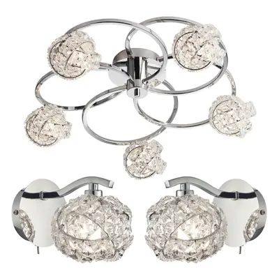 5 Bulb Ceiling Lamp & 2x Matching Wall Light Chrome Arm & Crystal Twist Shade