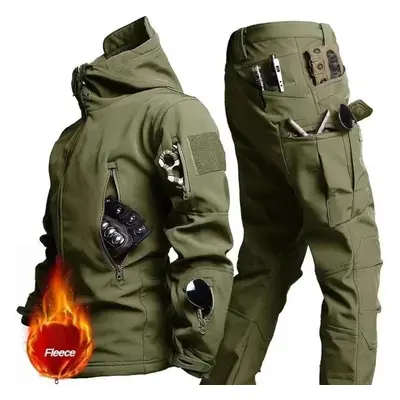 (green, XL) Winter Set Men's Outdoor Windproof Suit Pocket Soft Shell Hooded Jackets Work Pants