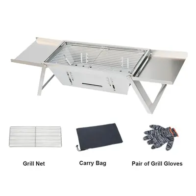 (with sauce plate) Portable Camping Bbq Grill Hight Adjustable Stainless Steel Folding Charcoal 