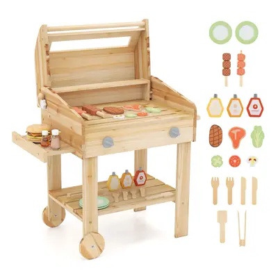 Wooden Barbecue Grill Toy Set Kids BBQ Grill Playset With Play Food Khaki