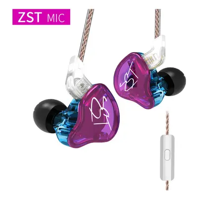 (purple with mic) KZ ZST 1BA+1DD In Ear Earphone HiFi Hybrid Drive Bass Music Headset with