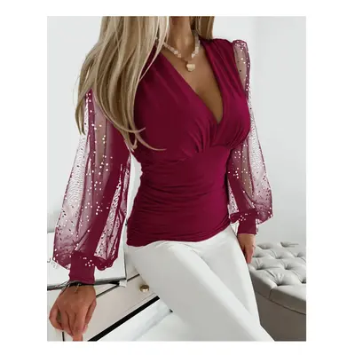 (Burgundy, S) Sexy V Neck Lace Tight Fitting Shirt Blouse Office Loady Spring Fashion Elegant So