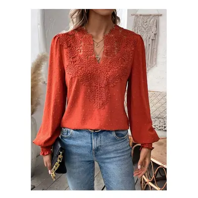 (tangerine, S) Autumn Women's Clothing New Sexy V-neck Fashion Lace Patchwork Solid Color Shirt 