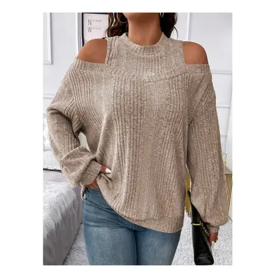 (L, Khaki) New Women's Casual Solid Color Off Shoulder Fashionable Loose Long Sleeved T-shirt Kn