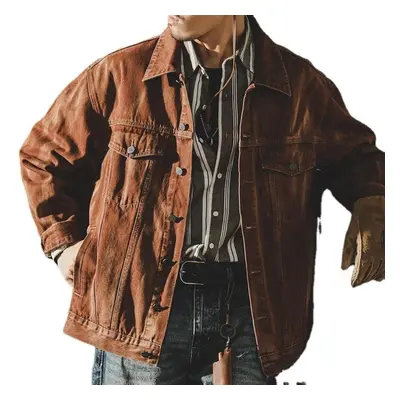 (as the picture, M) American Retro Denim Jacket Men&apos;s Loose Fitting Trend Handsome Work Jac