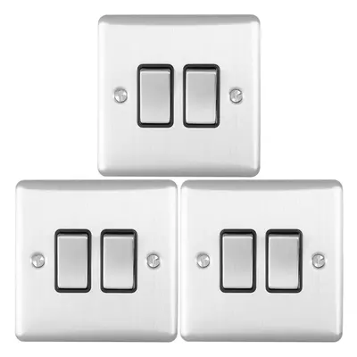 3 PACK Gang Double Metal Light Switch SATIN STEEL Way 10A Black Trim