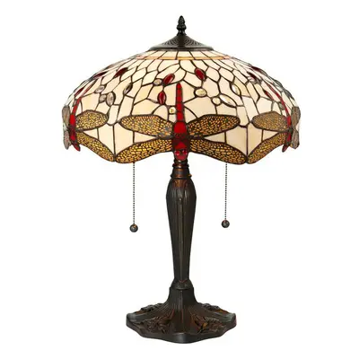 Tiffany Glass Table Lamp Light Dark Bronze & Cream Red Dragonfly Shade i00188