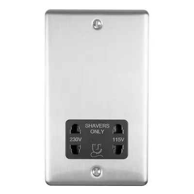 230v & 115v Shaver Twin Socket Wall Plate SATIN STEEL & Black Trim 86mm x 146mm