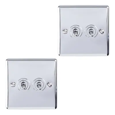 2 PACK Gang Double Retro Toggle Light Switch POLISHED CHROME 10A Way Plate