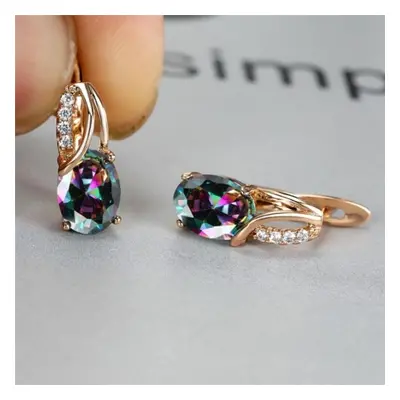 (multicolor) Aqua Blue Zircon Oval Stone Earrings Multicolor Crystal Hoop Earrings Rose Gold Col