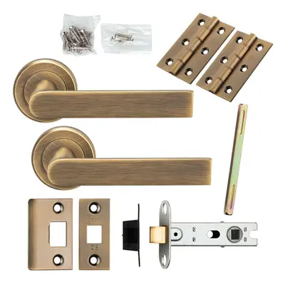 Door Handle & Latch Pack Antique Brass Rectangular Lever Screwless Round Rose