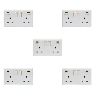 5 PACK Gang Double UK Plug Socket & 2.1A USB-A Charger WHITE 13A Switched