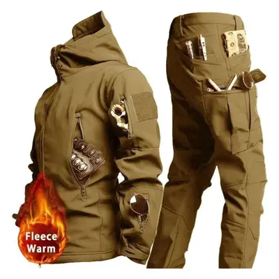 (khaki, XL) Winter Set Men's Outdoor Windproof Suit Pocket Soft Shell Hooded Jackets Work Pants