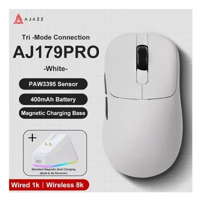 (AJ179PRO-White) AJAZZ AJ179 PRO PAW3395 Lightweight Wired Wireless Mouse with Magnetic Charging