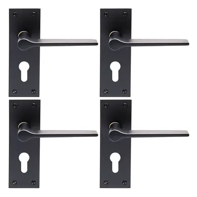 4x PAIR Flat Straight Handle on Slim Euro Lock Backplate x 50mm Matt Black