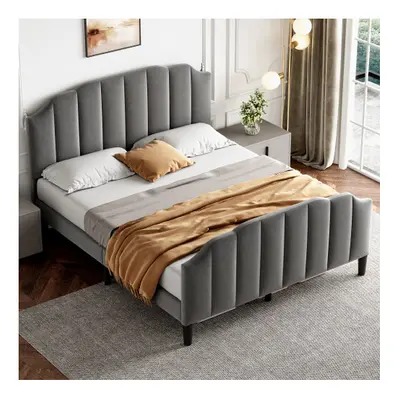 (Grey, with Adjustable Chic Channel, No Mattress) 4ft6 Double Upholstered Bed Frame with Mute Fo