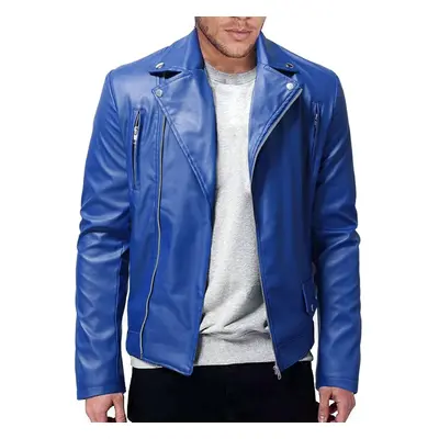 (m, Dark-Blue) Men PU Leather Jacket Solid Color Casual Slim-Fit Zipper Long Sleeve Turn-Down Co